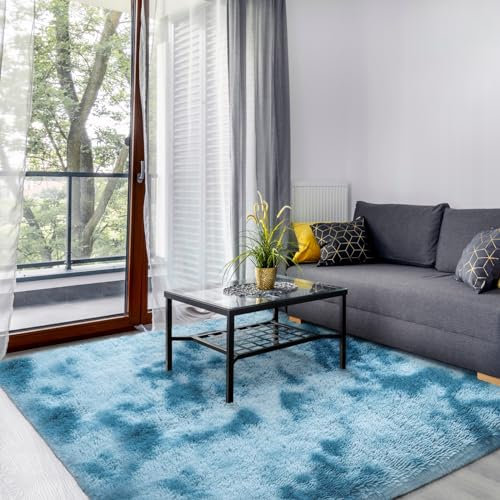 SOANNY Hochflor Wohnzimmer Teppich, Waschbar Anti-Rutsch, Flauschige Moderne Langflor Shaggy Teppich für Schlafzimmer & Kinderzimmer, Bettvorleger Matte, 120 x 180 cm, Dunkelblau