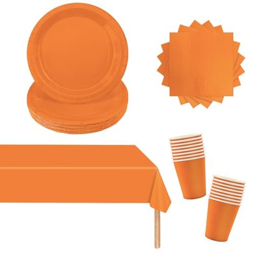 53 Pièces Vaisselle de Fête Orange,Ensemble de Vaisselle en Papier Assiettes à Dessert,Serviettes en Papier et Gobelets,Nappes,Fournitures Décorations de Table Fête Lot de 3 nappes rectangulaires