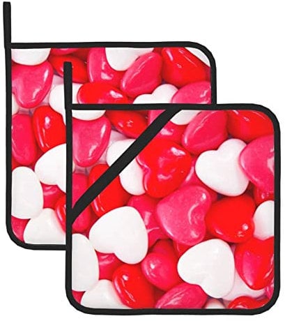 Set di 2 presine per caramelle a forma di cuore, resistenti al calore, antiscivolo, con tasche, per cucina, cottura, barbecue