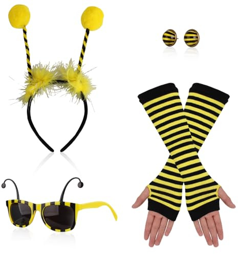 Sinwind Biene Kostüm, 6 Stück Bee Costume Kit, Faschingskostüme Biene, Bienenkostüm Erwachsene, Bee Headband, Bee Long Gloves, Brille Biene, Biene Ohrringe für Kinder Mädchen Karneval Kostüm (Biene)