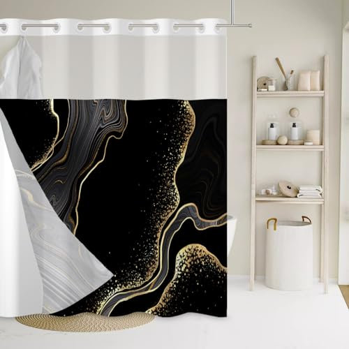 Uiiooazy Rideau Douche Noir et Or, Rideau de Douche Couche Double San Crochets Effet Marbre Rideau de Baignoire Anti Moisissure Imperméable avec Doublure Encliquetable pour Salle de Bain 180Lx218Hcm