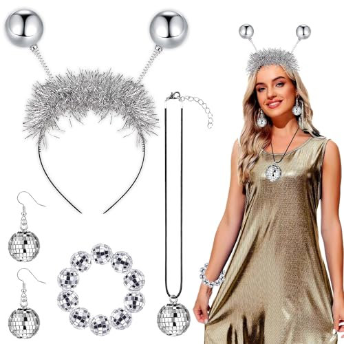 Sunshine smile Discokugel Spiegelkugel Schmuck Set, Disco Accessoires Schmuck Set, Vintage Discokugel Stirnband, Ohrringe Halskette Armband, 1970er Kostüm Zubehör für Damen Herren Party Karneval
