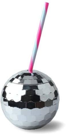 Disco Ball Cup with Straw 580ml Glitter Disco Ball Drinking Cup, Retro Disco Party Cup, Disco Ball Cups for Parties or Bachelorette Parties (Silver)