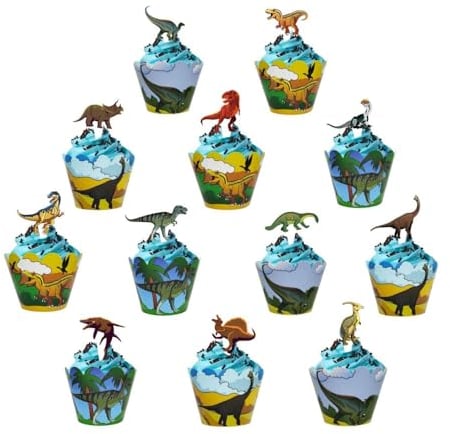 Dinosaurier Cupcake Topper und Wrapper, 48 Stück Jurassic Park Cupcake Topper für Jungen, Mädchen, Kinder, Dino-Kuchendekorationen für Dinosaurier Themen Geburtstagsparty, Babyparty