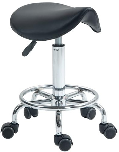 HOMCOM Saddle Stool, PU Leather Adjustable Rolling Salon Chair for Massage, Spa, Clinic, Beauty, Hairdressing and Tattoo, Black
