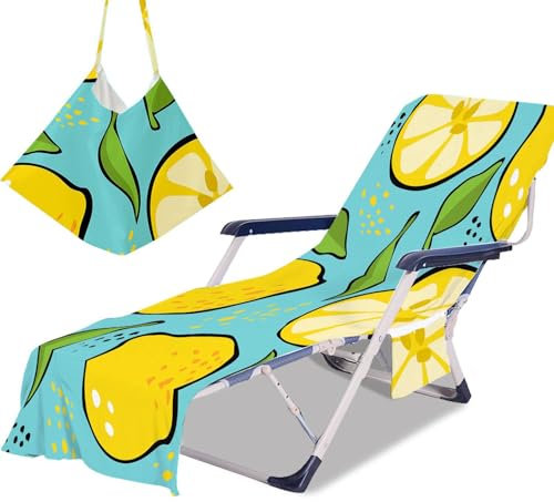 Morbuy Strandtuch mit Taschen für Liege, 3D Obst Muster Karikatur Stil Liegestuhl Handtuch Strandliegenauflage Mikrofaser Schnelltrocknend Strandliegen Handtuch Handtücher (Gelb Zitrone)