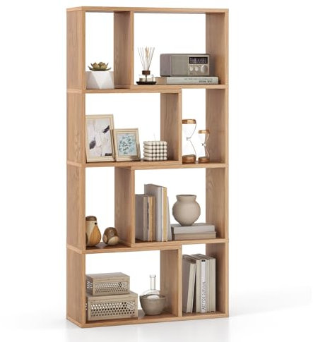 COSTWAY 8-Cube Geometric Bookshelf, 120cm Wooden Bookcase Storage Rack with Anti-Toppling Device, Freestanding Modern Display Shelving Unit Room Divider for Study Bedroom Living Room (Natural)