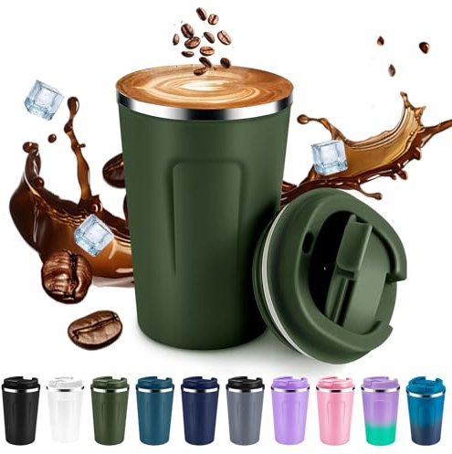 Volhoply 340ml 12oz Double Wall Insulated Vacuum Travel Coffee Mug with Flip Lid,Reusable Stainless Steel Leak Proof Coffee Cup,Cafe Thermal Tumbler Suitable for Hot&Cold Drinks(Army Green,1 Set)