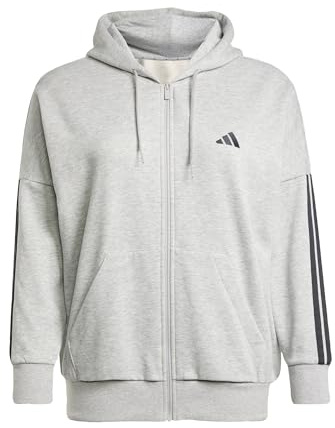 adidas Women's ESSENTIALS 3-STRIPES FULL-ZIP FLEECE HOODIE (PLUS SIZE), Medium Grey Heather/Black, 3XL Plus