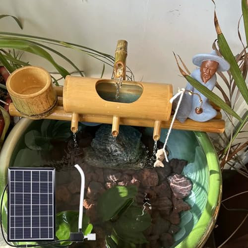 Décoration de Jardin pour l'extérieur, fontaines extérieures autoportantes en Bambou avec Pompe Solaire, Fontaine de Jardin en Bambou, Fontaine Feng Shui en Bambou avec 4 Sorties d