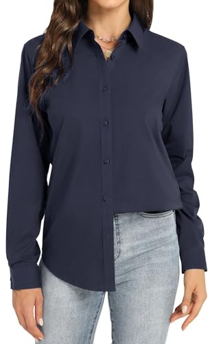 J.VER Womens Blouse Button Down Shirt Long Sleeve Stretch Formal Fitted Business Casual Fashion Office Work Shirts for Ladies Navy L