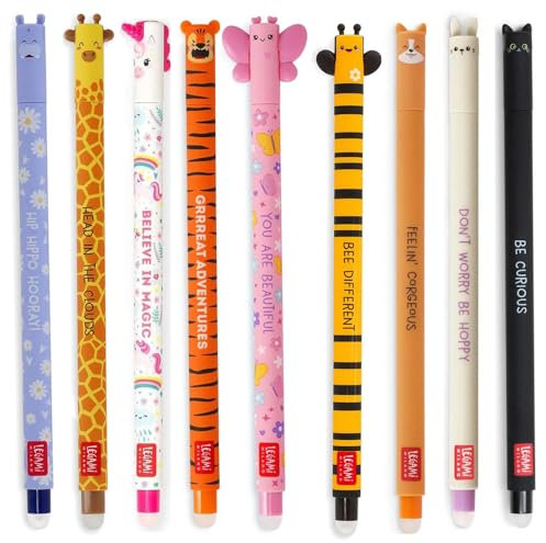 LEGAMI radierbare Gelschreiber zum Sammeln im 9er Set Kitty, Einhorn, Giraffe, Bunny, Corgi, Tiger, Schmetterling, Biene und Hippo