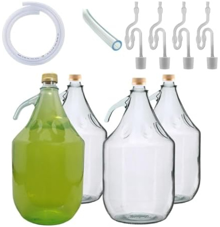 Set of 4 Clear 5L Thick Glass Screw Top Carboy Demijohns Home Brewing Kit for Wine, Beer, Cider, Spirits, and Alcohol Fermentation Includes Airlocks & Hose