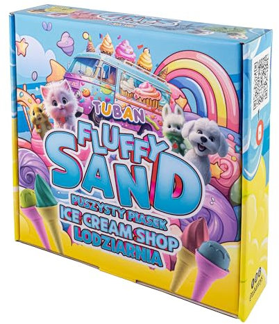 TUBAN Set Fluffy Sand – Eisdiele 4 x 70 g – Farben: Grün, Rosa, Gelb, Blau – 4 Förmchen – Eislöffel – Spielspaß mit Sand für Kinder – Leich