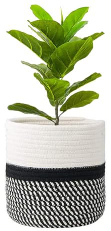 Plant Pot with Liner for Indoor Plants, Foldable Cotton Planter Woven Storage Basket for Plants Flower Pot Laundry Toys Organiser (White with Black, 25x 25cm)