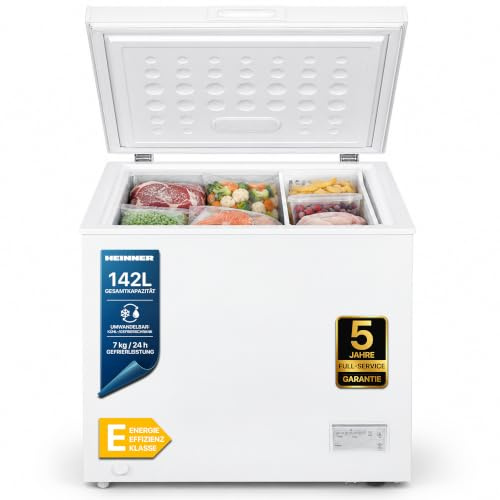 HEINNER HCF‑HM145CE++ Gefriertruhe 142 L, energiesparend, leiser Betrieb, reversible Tür links/rechts, Energieeffizienzklasse E, für langfristige Sicherheit, Weiß – Inklusive 5‑Jahres‑Garantie