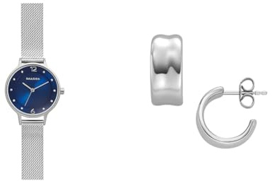 Skagen Damen Anita Lille Silberfarbene Edelstahl Uhr und Anja Pebbles Ohrringe, Set