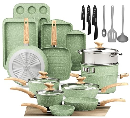 DishDelight 30pcs Ensemble Casserole et Poele Induction Antiadhésif Batterie de Cuisine Poele a Crepe Pancakes sans Pfas sans Pfoa Couvercles Verre