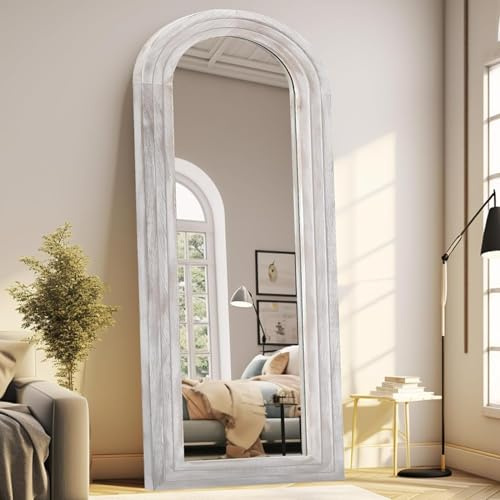 MAXEN Großer Bogen Ganzkörperspiegel 165x56 cm, Gewölbter Standspiegel | Hängend Oder Lehnend an Die Wand, Mit Massivholzrahmen, Bauernhaus-Stil, Für Schlafzimmer & Wohnzimmer, Rustikales Weiß