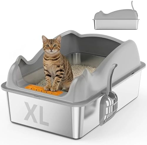 XL Stainless Steel Cat Litter Tray for Big Cats,High-Sided Anti-Leakage Litter Tray Cat Litter Box,60x40x33.5cm,Odour-Proof Non-Sticky Easy Clean,Anti-slip Rubber Bottom,Includes Scoop