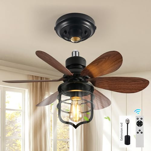 Ganeed Ventilatore Soffitto Industriale Nero con E27 e Telecomando | Lampada Soffitto con Ventola per Piccola Camera, Lavanderia, Ripostiglio, Garage, Design Salvaspazio e Catena di Controllo