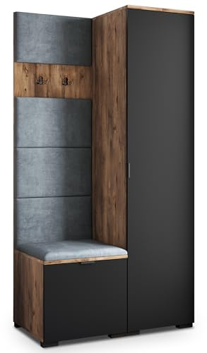 Masseno Flugarderoben Set Lori, Kleiderschrank-Set mit Sitzbank, Garderobenschrank Flur mit 3 Regalböden, Eiche Lefkas/Schwarz