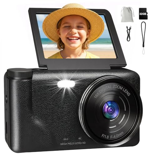 Digital Camera - 4K 64MP Compact Camera with 3 Inch 180° Flip Screen 32GB Memory Card 18X Digital Zoom Autofocus Vlogging Photo Cameras for Kids Beginners (Matte Black)