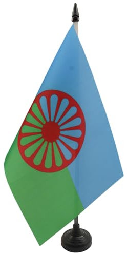 AZ FLAG - Drapeau De Table Gitan voyageur 21x14 cm - Petit Drapeau Gypsy De Bureau 100% Polyester Avec Hampe De 25cm Et Socle En Plastique Noir