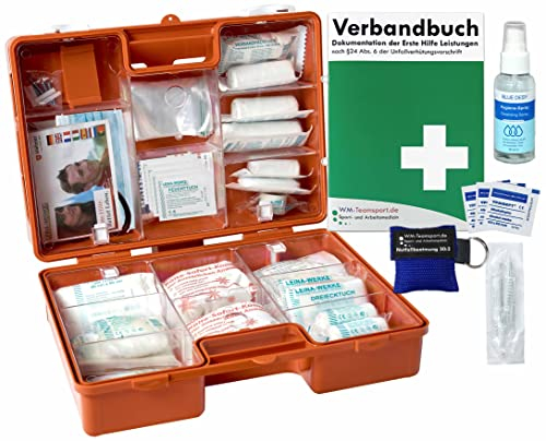 Erste-Hilfe-Koffer M2+ PRO nach aktueller DIN 13157 für Betriebe & DIN 13164 für KFZ INKL. Notfallbeatmungshilfe, Verbandbuch & Hygiene-Gel