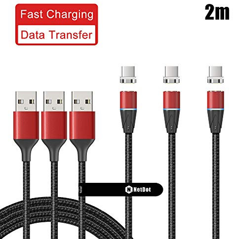 NetDot 12th Generation USB-C Magnetic Cable,Fast Charging and Data Transfer for Type-C Smartphones Sumsung S10/9/8/Note9,LG,Sony Xperia,Google Pixel and more(2m/3 pack red)