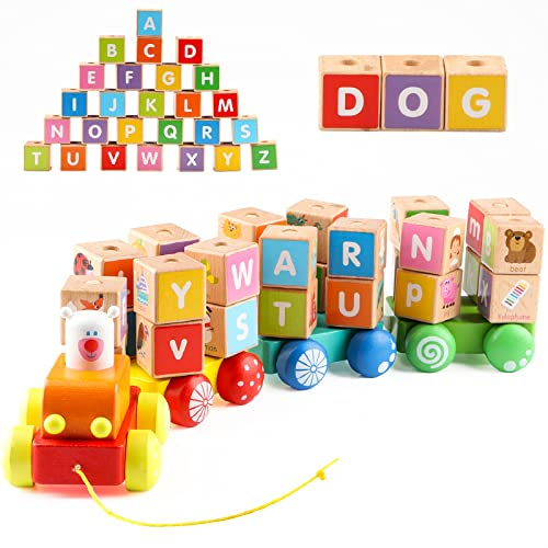 Jacootoys Kleinkind ziehen entlang Zug Holz ABC Lastwagen Set Stapelspiel Montessori Vorschule Lernen Spielzeug LKW Nachziehspielzeug ab 3 Jahre