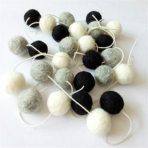 Nicole Knupfer Wolle Filz Ball Girlande Bunte Pom Pom Girlande 2m Lang 30 Filzbälle Girlanden für Wand Christbaum Schmuck Baby Dusche Party (Weiß+Grau+Schwarz)