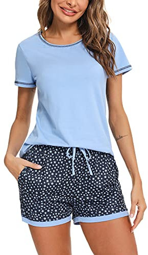 Litherday Pyjama für Damen, Sommer, Kurze Ärmel, Pyjama-Set, Baumwolle, Nachtwäsche, Bedruckt, kariert, bequem, weich, atmungsaktiv, A Blau., 38