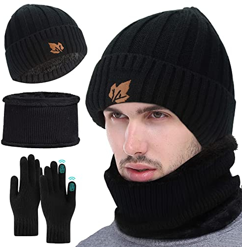 Hommes Gants d'écran Tactile d'écharpe de Bonnet d'hiver, Ensemble de Bonnet Hiver Chapeau Beanie Écharpe et Gants avec Doublure en Polaire pour Hommes Quotidien Ski Sports Plein Air Cadeau d'hiver