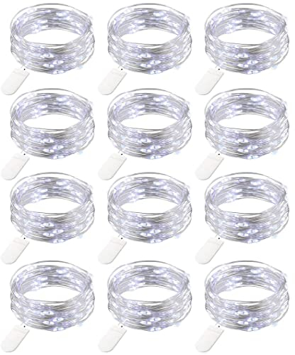 12 Stück LED Lichterkette Batterie Betrieben, 20 LEDs Micro Kupferdraht Lichter, 2M Beleuchtung Glühwürmchen Licht für DIY Weihnachten Urlaub Hochzeit Geburtstag Indoor Outdoor Decor, Kühlweiß