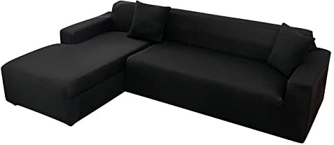 Sofabezug, Couchbezug Volltonfarbe Schwarz Polyester Sofahusse Rutschfest Elastisch, Mit Fixierten Schaumstoffstreifen, Passend Für L Form Sofa Sofabezüge Volltonfarbe Schwarz 3 Seater-190-230cm