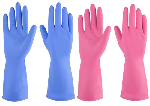 4 Paar Geschirrspülhandschuhe für die Küche, wiederverwendbar, Gummi-Reinigungshandschuhe für den Haushalt, Größe XL, Blau + Rosa