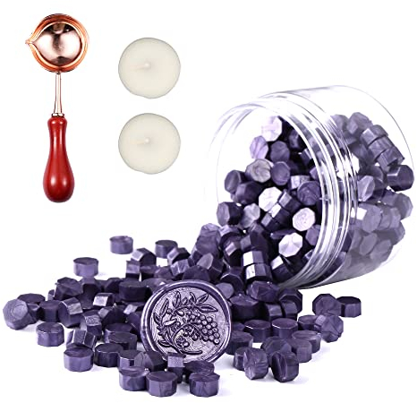 Comealltime 248 Stück Siegelwachs Set, Achteckige Siegelwachsperlen mit 2 Teelichtern & 1 Schmelzlöffel, Siegellack für Wachssiegel Stempel(Soße lila)