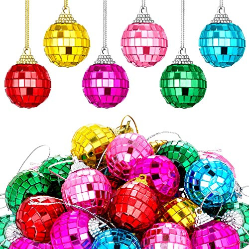 BBTO 24 Pieces Mini Christmas Disco Balls 70s Party Decor Christmas Tree Decoration Hanging Reflective Mirror Disco Ball Decoration for Birthday Party Decor(0.91 Inch,Multicolored)