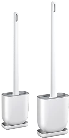 Straame Silicone Toilet Brush and Holder Set with No-Slip Long Plastic Handle & Soft Flexible Bristles - Base for Anti-Drip - Wall Mounted Brush - Deep Cleaning (White 2 Pack)