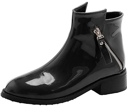 MJIASIAWA Femmes Bout Rond Mode Warm Bottes Chelsea Confort Block Talons Moyen Bottillons Fermeture Éclair Décontractée Cuir Verni Bottillons Noir Taille 43 EU/45 Asiatique