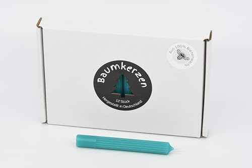 Premium Baumkerzen 12 Stück aus 100% Bienenwachs farbig mit Rillen Muster Prägung Christbaumkerzen (Türkis)