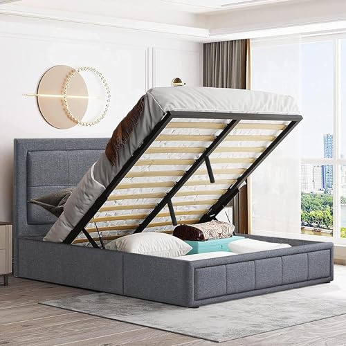 Super King Bed Frame Upholstered Ottoman Bed, UKFR Linen Grey Fabric Ottoman Storage Bed with Gas Lift End Opening Wooden Slats with Storage Bed (6ft Super King 180 x 200, No Mattress)