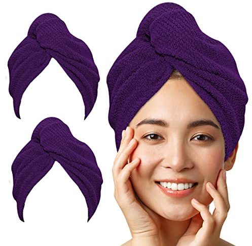 LUXTOGO® Haarturban-Premium Haarhandtuch 100% Baumwolle, Hochwertiges Turban Handtuch mit Knopf und Gummizug, Super Saugfähiges Kopfhandtuch (2 STK Lila Karo)