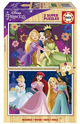 Educa - Disney Prinzessin Super Puzzle, 2x50 Teile Holzpuzzleset für Kinder ab 4 Jahren, Cinderella, Arielle, Rapunzel, Schneewittchen (19672)