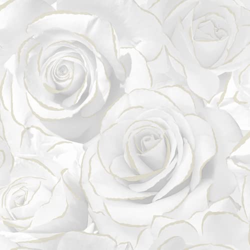 Muriva Madison Rose Glitter Wallpaper - Modern Wallpaper for Living Room, Bedroom, Fireplace - Decorative Luxury Wall Paper with Large Photographic White Roses with Glitter Detailing (White & Gold)