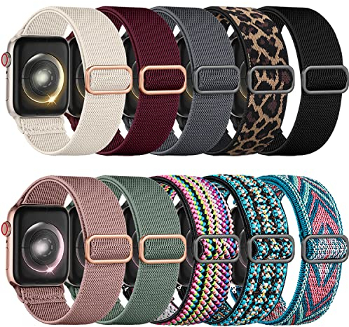 Wepro 10 Pack dehnbare Solo Loop kompatibel mit Apple Watch Armband 42mm 44mm 45mm 46mm 49mm, elastisches einstellbares Nylon Ersatzarmband für iWatch SE/9/8/7/6/5/4/3/2/Ultra/Ultra 2, Gruppe A Farbe