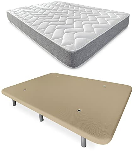 Duérmete Online Komplettes Bett mit wendbarer Viscotec-Matratze + verstärkter Polsterboden in Beige mit 6 Metallbeinen, 150 x 190 cm