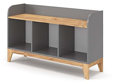 VitaliSpa Kindersitzbank Malia, Spielzeugregal mit Sitzbank, Grau/Eiche, 107.2 x 63.8 cm