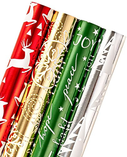 RUSPEPA Rouleau De Papier D'Emballage De Noël - Flocons De Neige Rouge Vert Or Et Argent Avec Feuille Métallique Brillante - 4 Rouleaux - 76 Cm X 305 Cm Par Rouleau